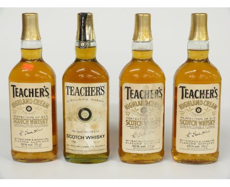 Four bottles of Teacher's Highland Cream Scotch whisky, one 26 2/3 fl oz, 70% proof, the other three 75cl, 40%