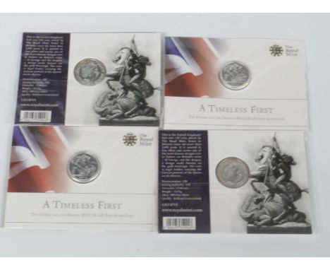 Four A Timeless First George and the Dragon 2013 UK fine silver £10 coin, 15.71g each