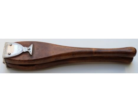 19thC mahogany hinged tool with plated hinges in the form of goblets, 26cm