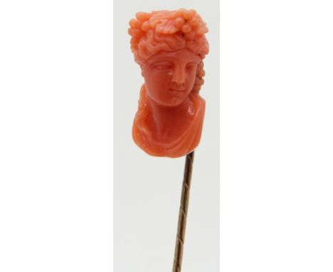 Victorian stick pin set with a carved coral cameo&nbsp;