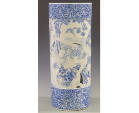 A 19th/20thC Chinese blue and white porcelain stick/umbrella stand with pierced decoration, height 61cm