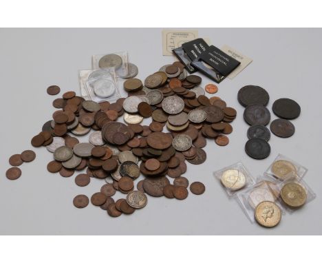 A small collection of UK and overseas coins including some silver Victorian, Georgian copper and six first issue two pound co