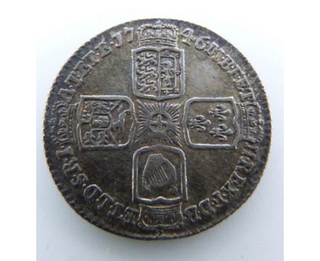 George II old head LIMA below bust sixpence, plain angles reverse, seven harp strings, toned, NVF