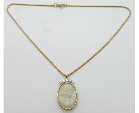 An 18ct gold necklace set with a carved opal panel depicting a young woman (7.7ct, Australia) set with five round cut diamond