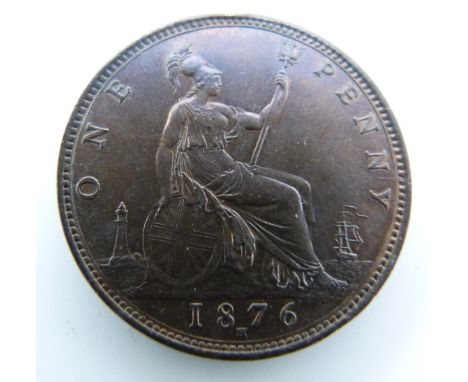 1876 Victorian bronze later young bust bronze penny, Heaton Mint, OT TB, near unc, toned with some lustre