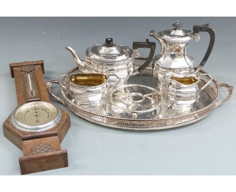 Plated tea set and galleried tray and an oak cased barometer&nbsp;