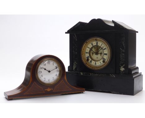 Nineteenth century slate mantel clock, the two train movement by the Ansonia Clock Company, New York, the ivory coloured orna