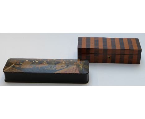 A 19th C parquetry box and a Japanese inlaid example containing a hallmarked silver fruit knife, one silver and other button 