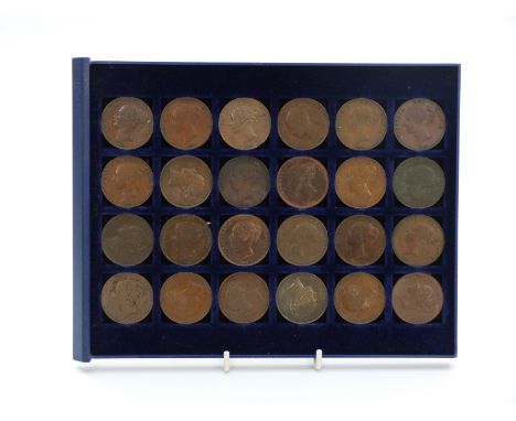 A collection of various grades Victorian bronze pennies 1846 earliest, 1859 latest, F-VF, 24 in all