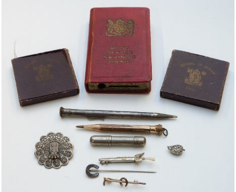 Vintage agate pin, filigree Bayeux brooch, dagger in scabbard brooch / toothpick, vintage pens, coins and money box.&nbsp;