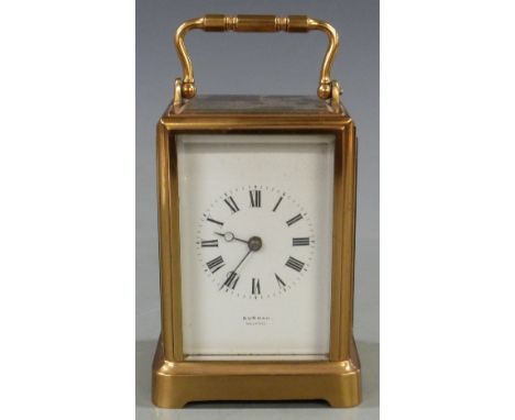 Late 19th / early 20thC brass carriage clock with Burman, Bristol to white enamel Roman dial and Breguet style hands, 11cm ta