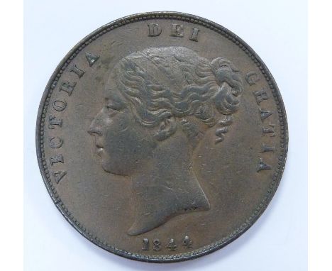 1844 Victorian copper penny, NVF, ornamental trident