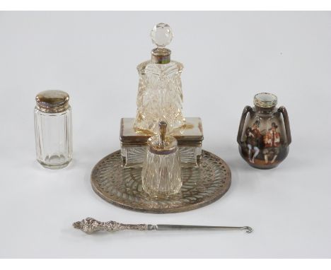 Four Victorian and later hallmarked silver mounted / lidded dressing table pots or bottles, hallmarked silver handled button 