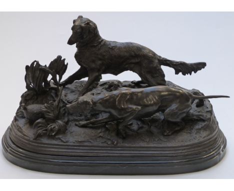 Bronze figure of dogs flushing pheasant from undergrowth, mounted on a marble plinth, H 26cm x L 44cm&nbsp;