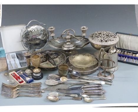 A quantity of silver plate including serving dishes, cutlery, candelabra etc