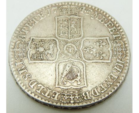1745 George II half crown, older head, LIMA, plain angles reverse, NONO edge, GF