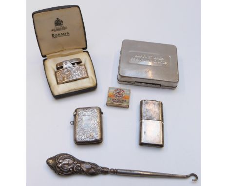 Ronson lighter, silver vesta case, silver button hook etc&nbsp;