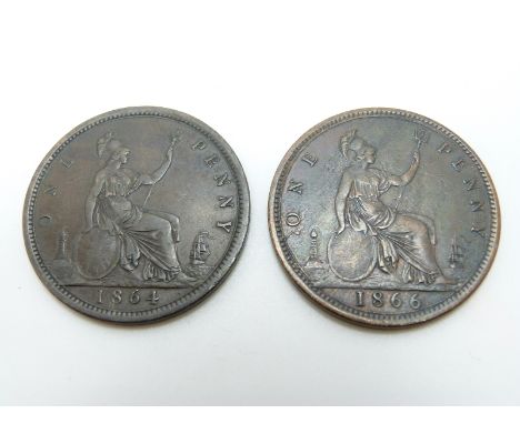 1864 plain 4 Victorian young head bronze penny, VF, together with an 1866 example, VF