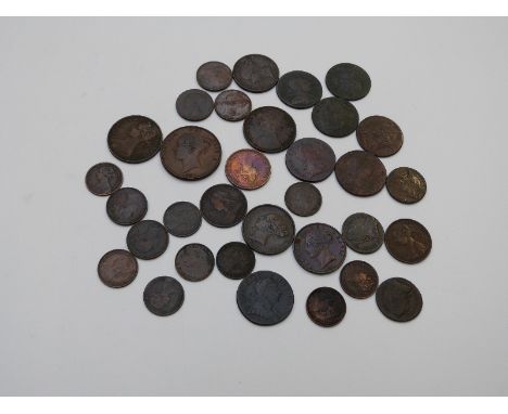 A quantity of George III halfpennies and farthings, F-VF, together with a quantity of Victorian copper and bronze F-VF