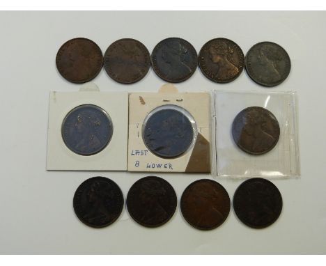 Twelve 1860s Victorian young head bronze pennies including 1860, 1861, 1862, 1863, 1865, 1866, 1867 and 1868, all about VF