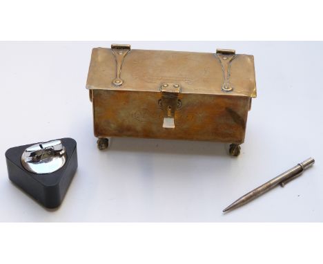 Victorian brass casket raised on ball and claw feet, triangular Ronson lighter and a hallmarked silver propelling pencil&nbsp