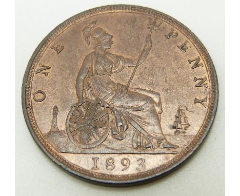 1893 later young head Victorian bronze penny, unc with lustre