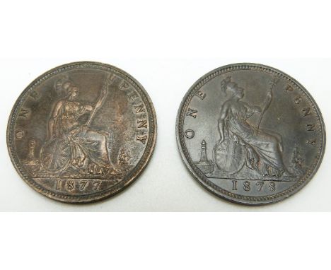 1877 Victorian later young bust bronze penny, OT BB, GVF-EF, some lustre, together with an 1878 example, toned, GVF-EF