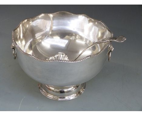 A large silver plated punch bowl, width 35cm and Elkington ladle