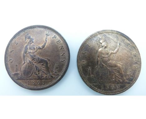 Victorian 1860 bronze young head penny TB together with an 1863 example, VF-EF, both with lustre
