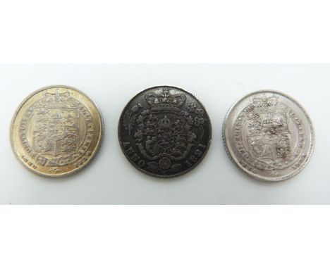 Three George III sixpences comprising 1821 first head, first reverse, VF and toned and two further examples for 1824 and 1825