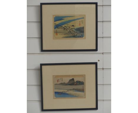 A pair of Hiroshigo Ando (1797-1858) woodblock prints, one of the Tokido 53 station, 14cm x 19cm&nbsp;