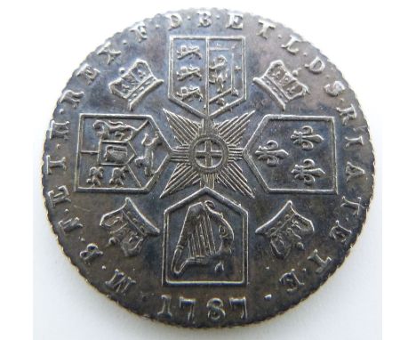 George III 1787 sixpence VF-NEF without hearts, with light scratches to neck, blue tone