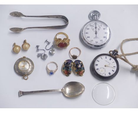 A 9ct gold ring, pocket watches including 'The Campaign' by Mappin and Webb, silver spoon, silver tongs, vintage Bath jewelle