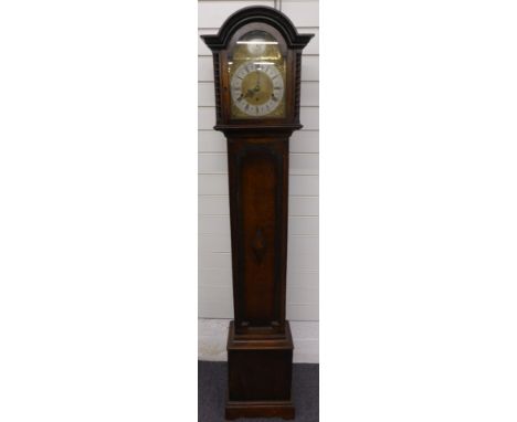 Mid 20thC oak cased longcase grandmother clock, the Roman silvered chapter ring signed H Vaughan, Cinderford, the brass dial 