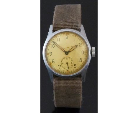 Military gentleman's wristwatch with inset subsidiary seconds dial, blued luminous hands, Arabic numerals, railroad minute tr