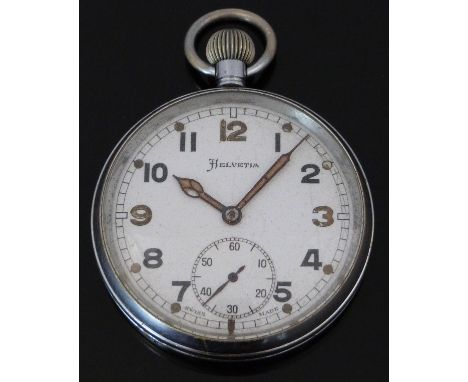 Helvetia keyless winding open faced military pocket watch with subsidiary seconds dial, two tone hands and baton numerals, ma