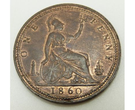 1860 Victorian young head bronze penny, BB, signature on cape obverse, LCW under shield, rock to left of lighthouse reverse, 