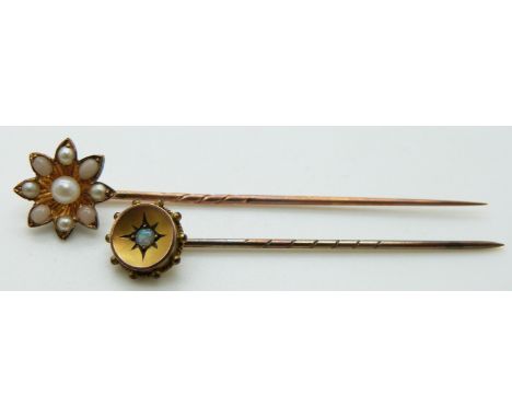 Victorian stick pin set with seed pearls and a Victorian stick pin set with an opal in Longman &amp; Strongi' th' arm Ltd, Pi