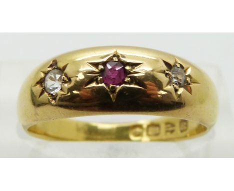 Victorian 18ct gold ring set with a ruby, a diamond and paste, Chester 1900, size O