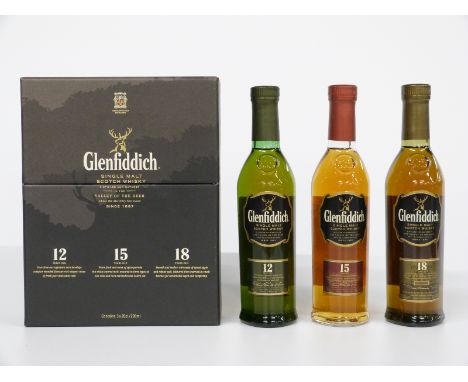 Glenfiddich three bottle single malt Scotch whisky collection comprising 18, 15 and 12 year old, each 20cl, in original box.&