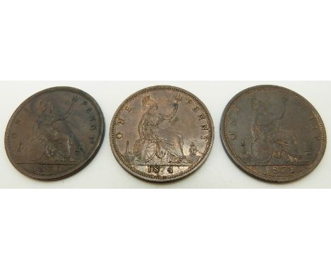 1872 and 1873 Victorian bronze pennies, both GVF-EF, together with an 1874 example NEF with weakly struck 7, with lustre