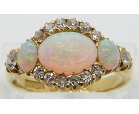 Edwardian 18ct gold ring set with three opal cabochons and diamonds, Birmingham 1904, maker Pepper Payton &amp; Co in vintage