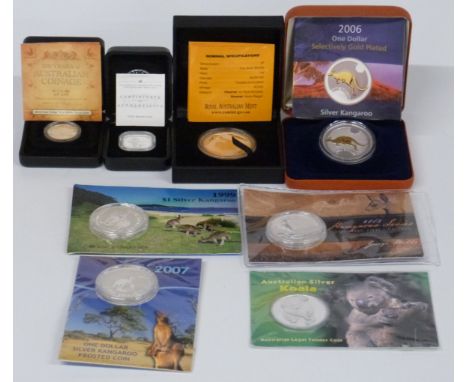 Eight Australian silver coins including 100 years of Australian coinage 2010 one dollar fine silver proof coin, 11.66g, cased