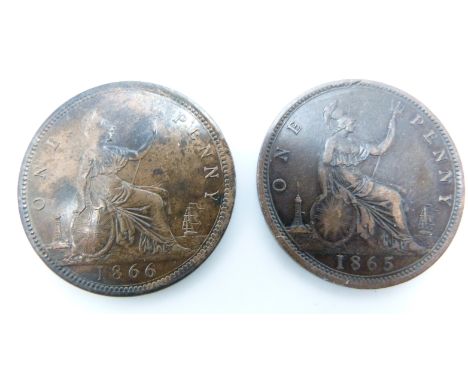 Victorian bronze young head penny, OT TB VF, together with an 1866 VF example