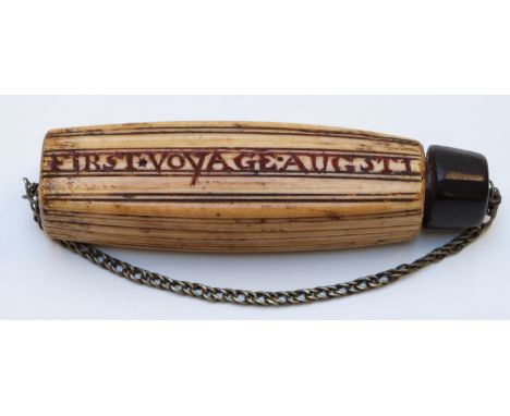 Victorian carved bone Maritime / Napoleonic prisoner of war style snuff box with treen stopper and suspension chain, engraved