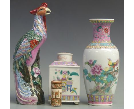 Chinese porcelain tea caddy, Chinese bird figure, vase etc, tallest 30cm