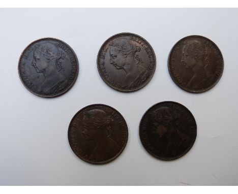 1890, 1891, 1892 and 1893 later young head Victorian bronze pennies, all VF+, 5 coins