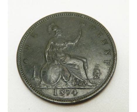 1874 Victorian young head bronze penny, dark toned, unusual die pairing Freeman 67, dies 6 + H, VF+