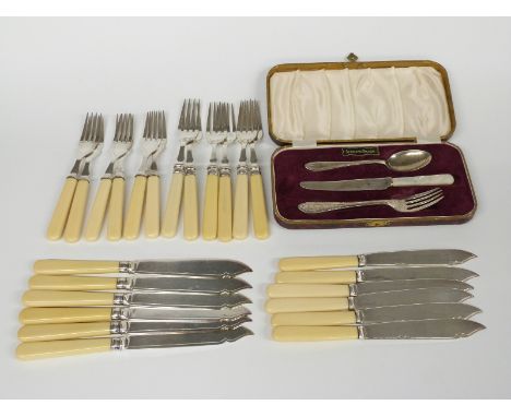 Cased hallmarked silver Viners christening set, weight of spoon and fork 55g, and a quantity of hallmarked silver ferruled fi