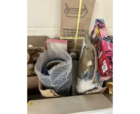Box of various games, tapestry kit, counter bell, ladies shoes etc